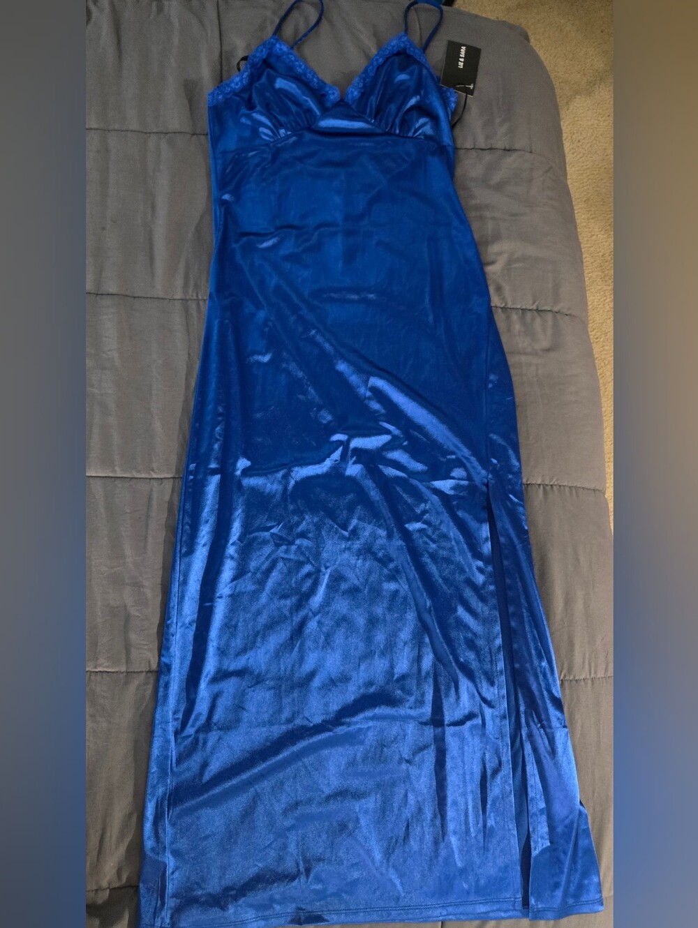 NWT Liz & Sara Kobalt Blue Satin Maxi Dress with Slit - Size [I